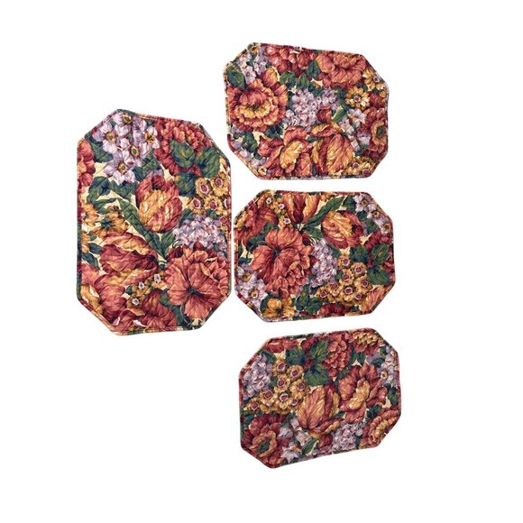 4 VTG Floral Octagon Quilted Placemats Farmhouse Cottage Country Table Top Decor - Picture 1 of 13